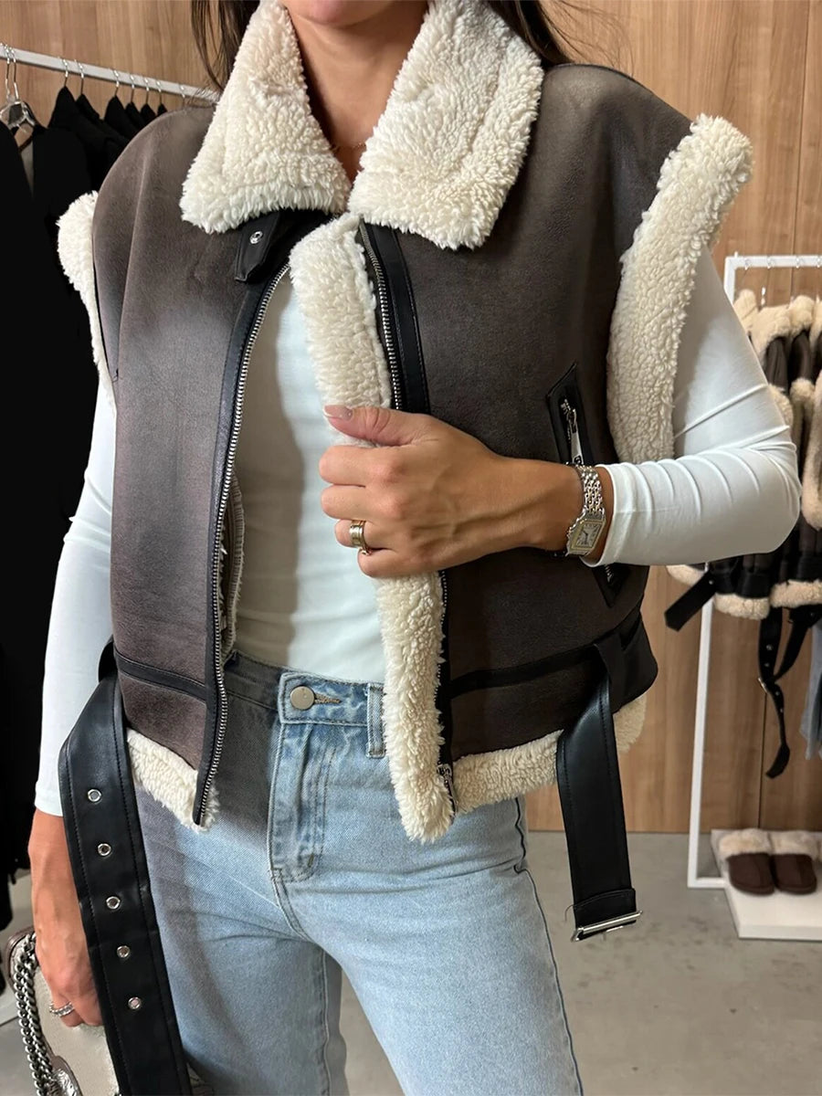 Women Leather Sherpa Vest Fur Collar Sleeveless Zipper Faux Suede Shearling Vest 2024 Biker Moto Jacket Winter Warm Outerwear