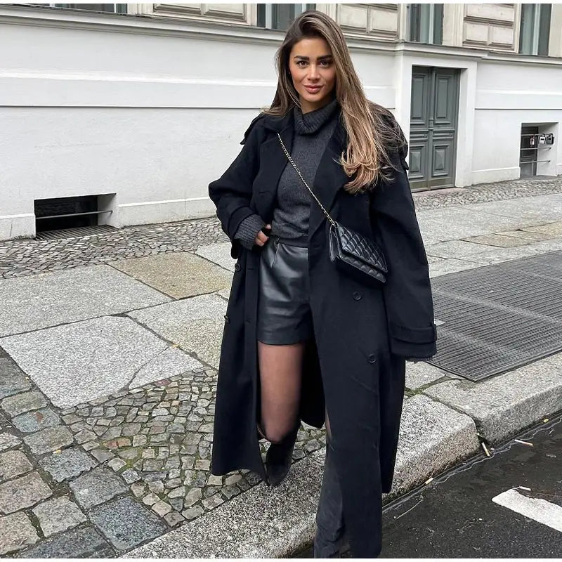 Fashion With Belt Black Woolen Long Coat For Women Oversize Loose Double Button Lapel Overcoat Autumn Lady High Street Outerwear