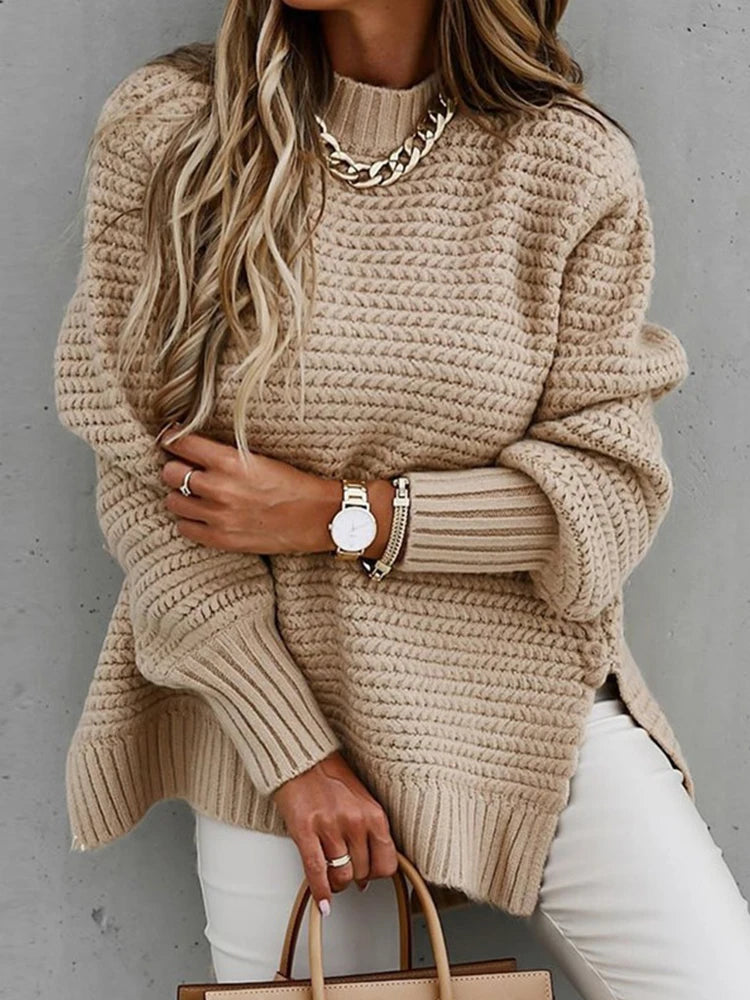 Loose Black Knit Sweater with High Neck – Autumn & Winter