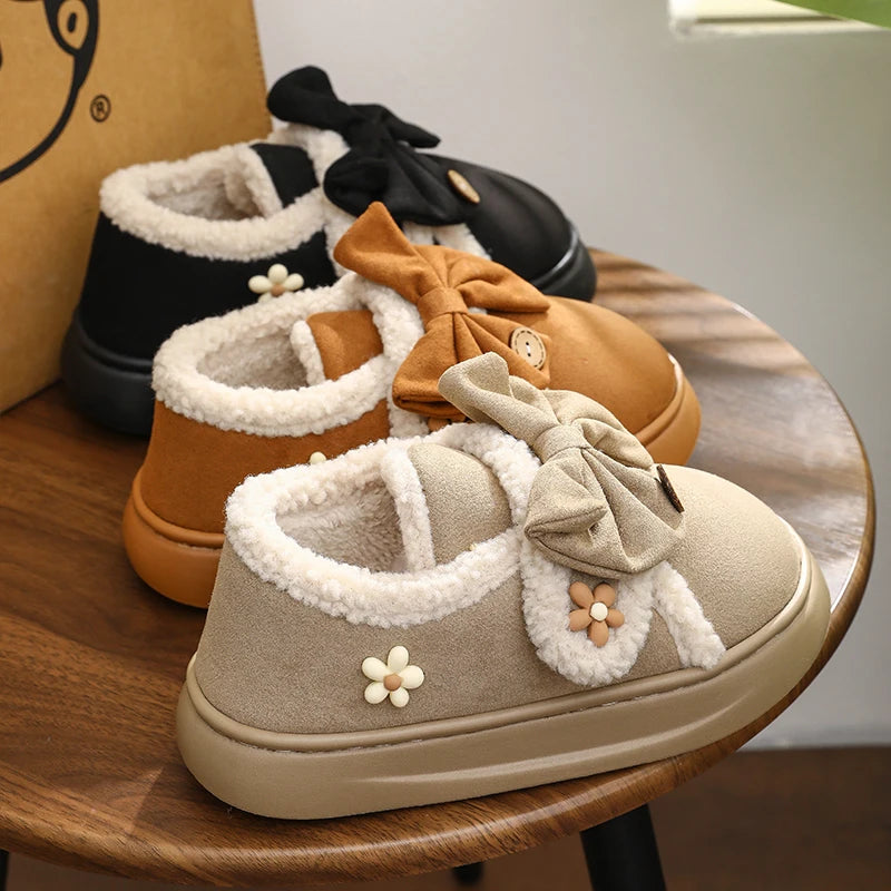 Women Fashion Bow Flower Snow Boots Ladies Elegant Winter Cotton Shoes Casual Outdoor Non-slip Thick Sole Slipper Footwear