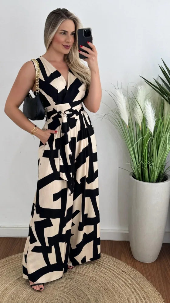 Women's fashionable and minimalist style women's deep V-waist tied jumpsuit -88209 sleeveless mid waist straight leg pants 2024