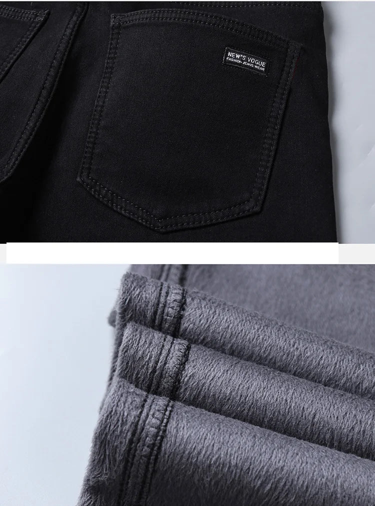 Winter Pure Black Fleece Thick Warm Jeans Men's Slim Straight Elastic Denim Pants Casual Male Clothing Fashion Plush Trousers