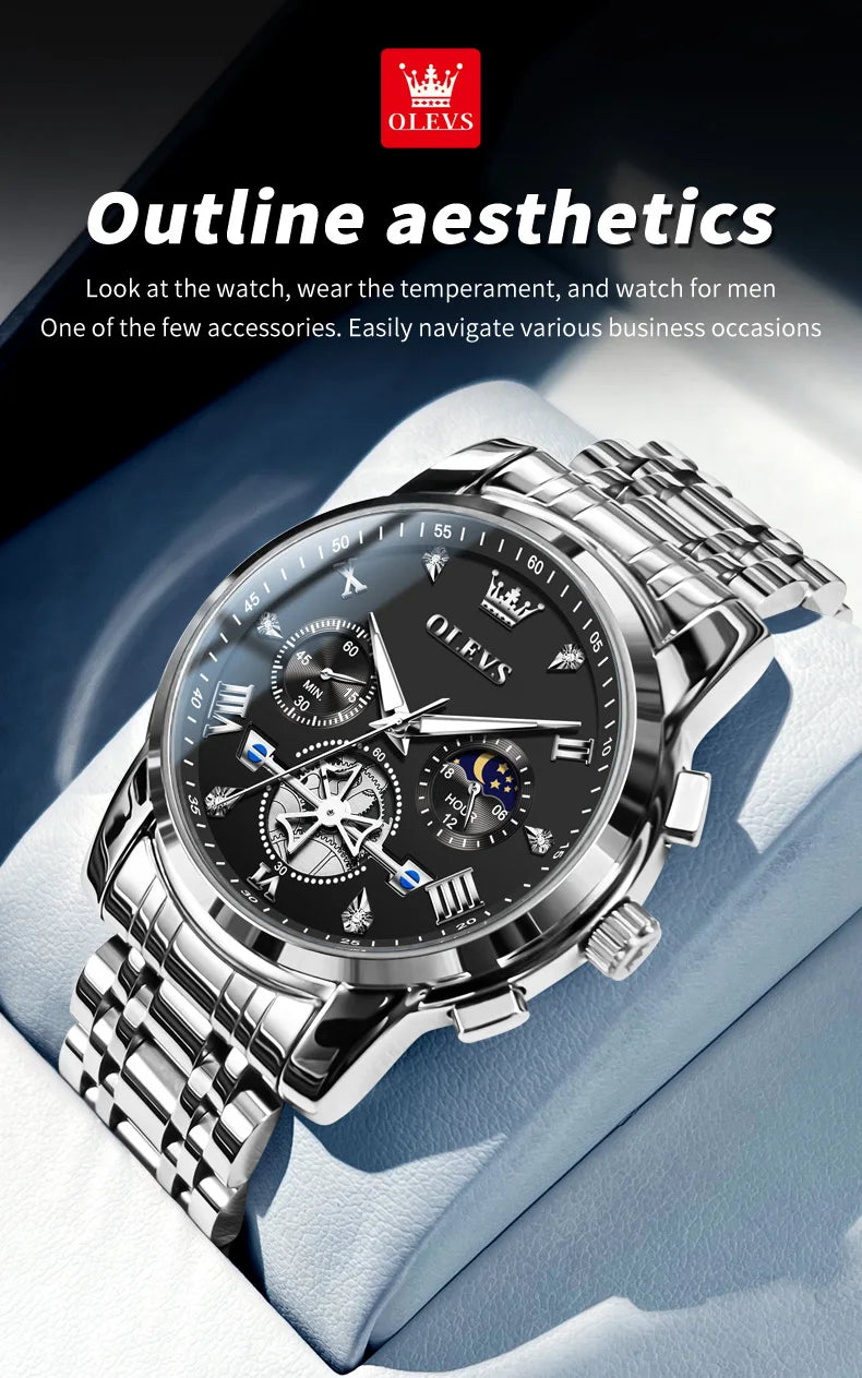 OLEVS 2856 Original Quartz Dress Watch For Men Moon Phase Stainless Steel Business Wristwatch Waterproof Luminous Man Watches