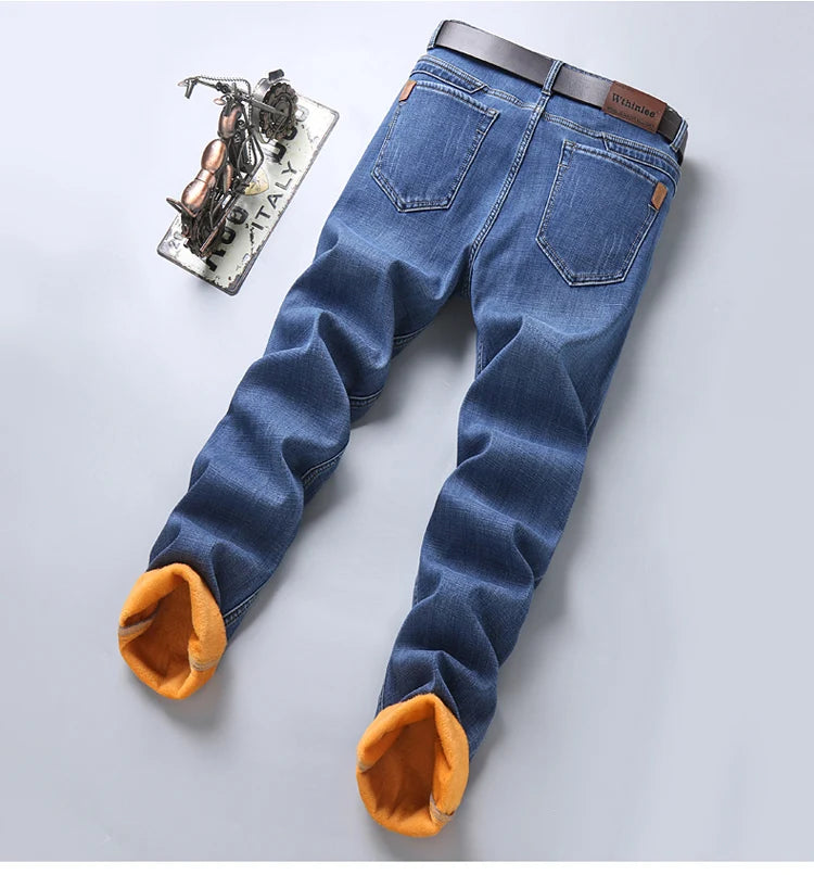 2024 Mens Winter Classic Business Quality Famous Brand Fleece Pants Straight Trousers Winter Thermal Warm Plush Stretch Jeans