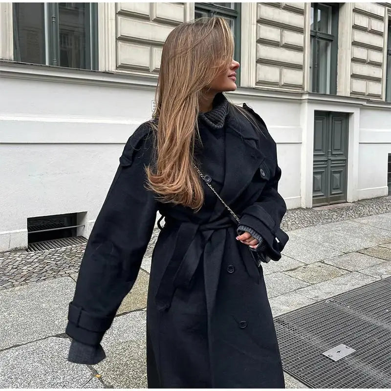 Fashion With Belt Black Woolen Long Coat For Women Oversize Loose Double Button Lapel Overcoat Autumn Lady High Street Outerwear