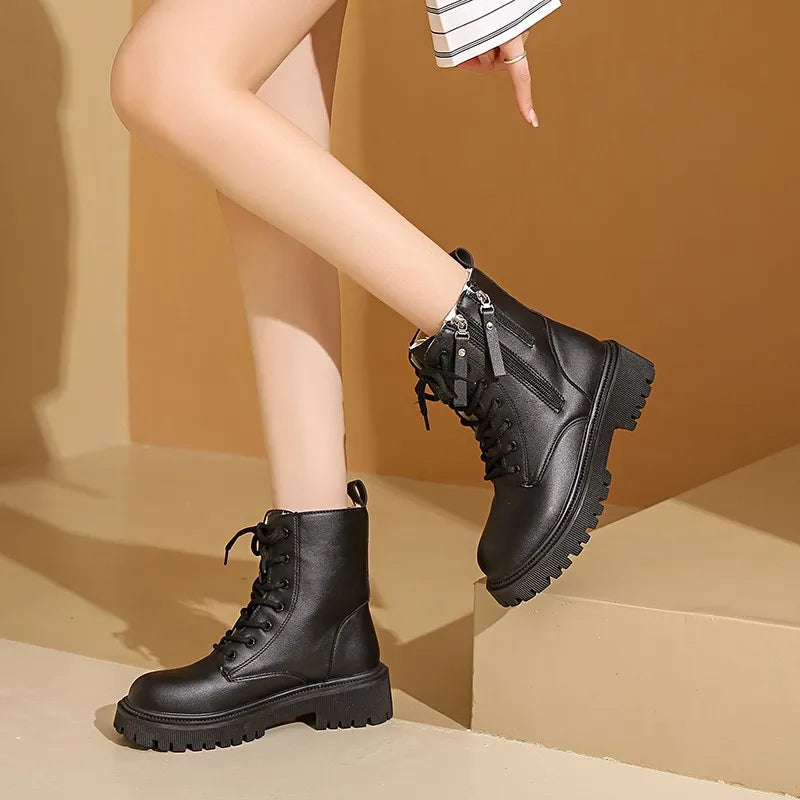 Winter Shoes Female 2024 New Plus Velvet Warm Zipper Women's Boots Outdoor Comfortable Non-slip Leather Boots Beige Women