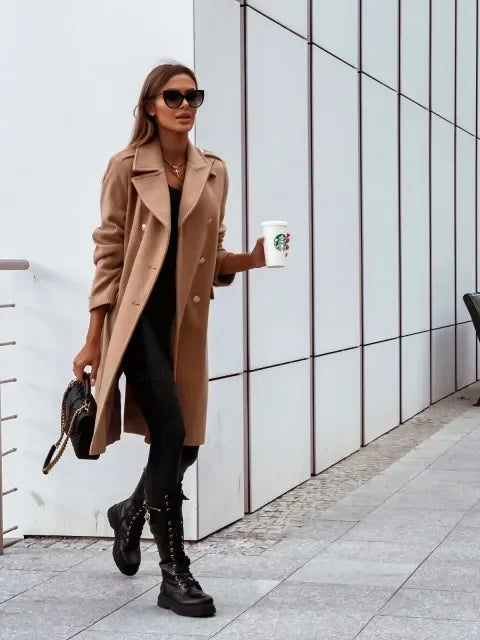 Women’s Double-Breasted Wool Coat – Midi length, V-neck, elegant and fashionable.