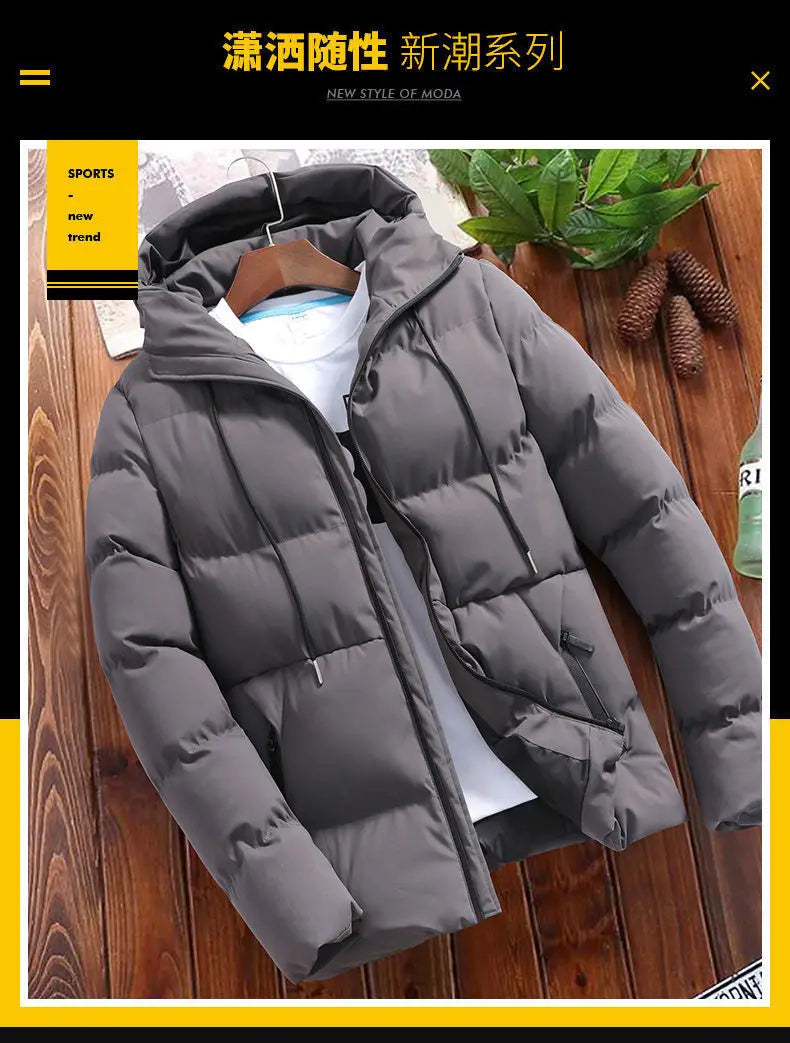 Men’s cotton puffer jacket with hood, loose fit, cropped design — perfect for casual and outdoor wear.