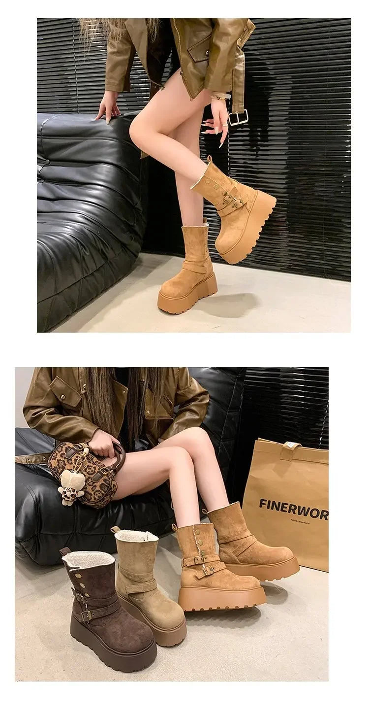 Women’s Winter Boots – Thick sole, ultra high heel, fleece-lined, mid-calf, round toe.