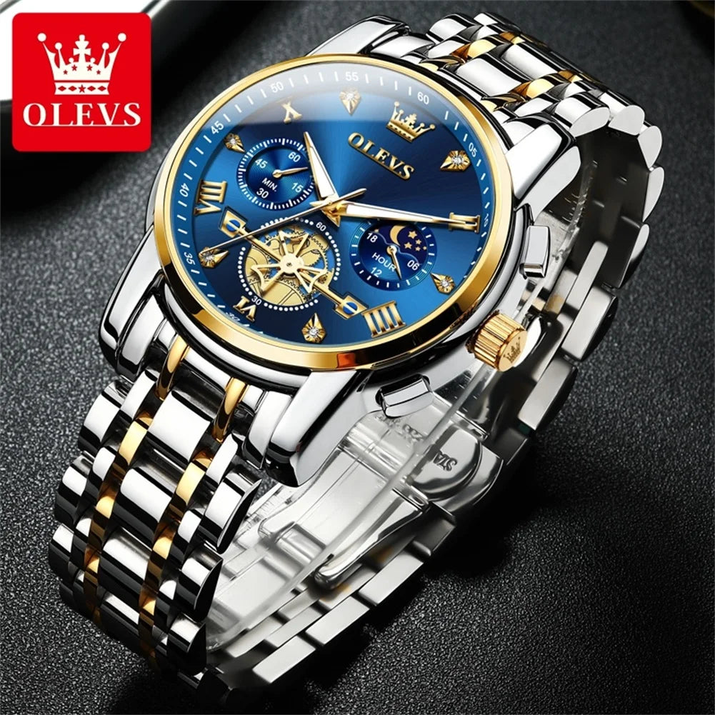 OLEVS 2856 Original Quartz Dress Watch For Men Moon Phase Stainless Steel Business Wristwatch Waterproof Luminous Man Watches