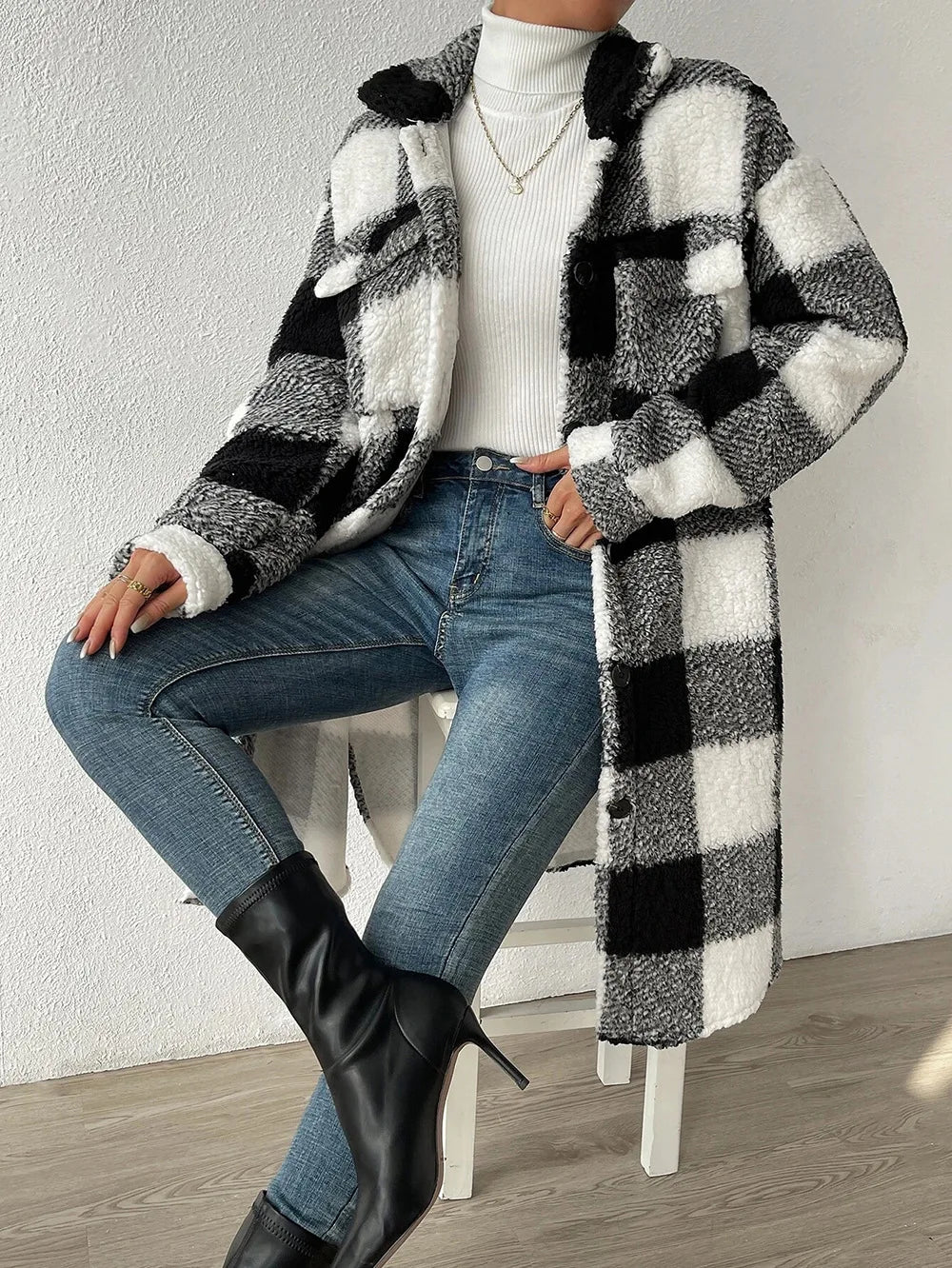 Long Plaid Fleece Coat with Pockets – Autumn & Winter