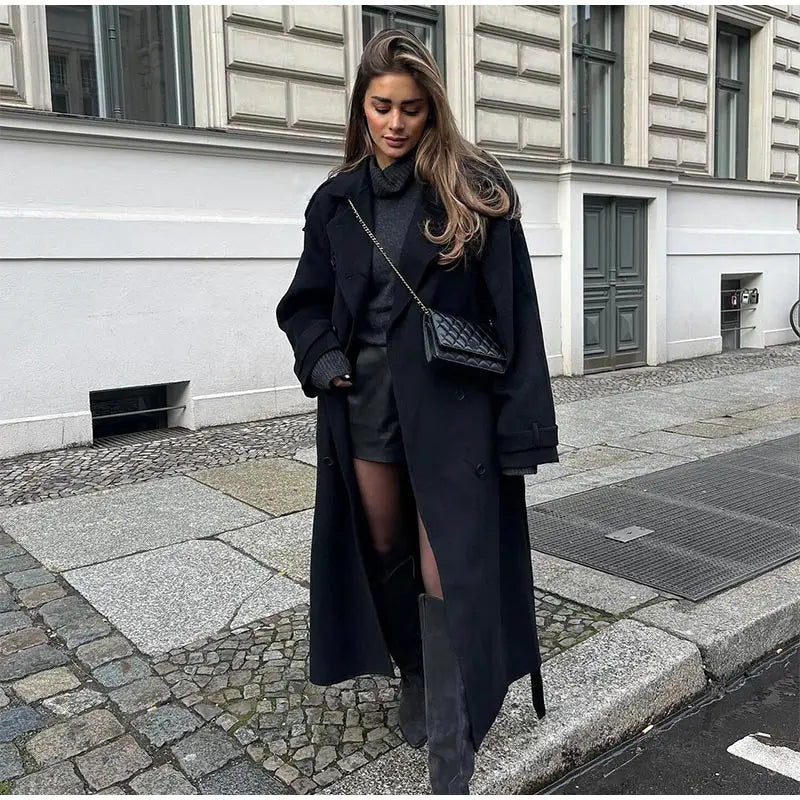 Fashion With Belt Black Woolen Long Coat For Women Oversize Loose Double Button Lapel Overcoat Autumn Lady High Street Outerwear