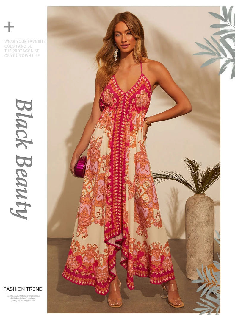 Women's Bohemian Floral Halter Dress – Long, V-Neck, Perfect for Summer, Beach Days, and Casual Outings.