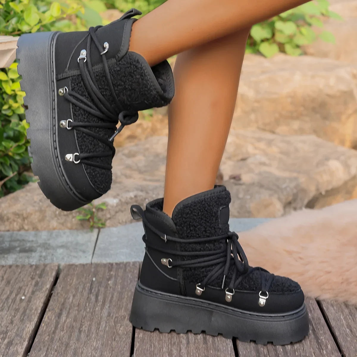 Women’s Winter Snow Boots – Warm, Fleece-Lined, Thick Sole, Cotton Material, Adjustable Ties, Non-Slip Rubber Outsole,