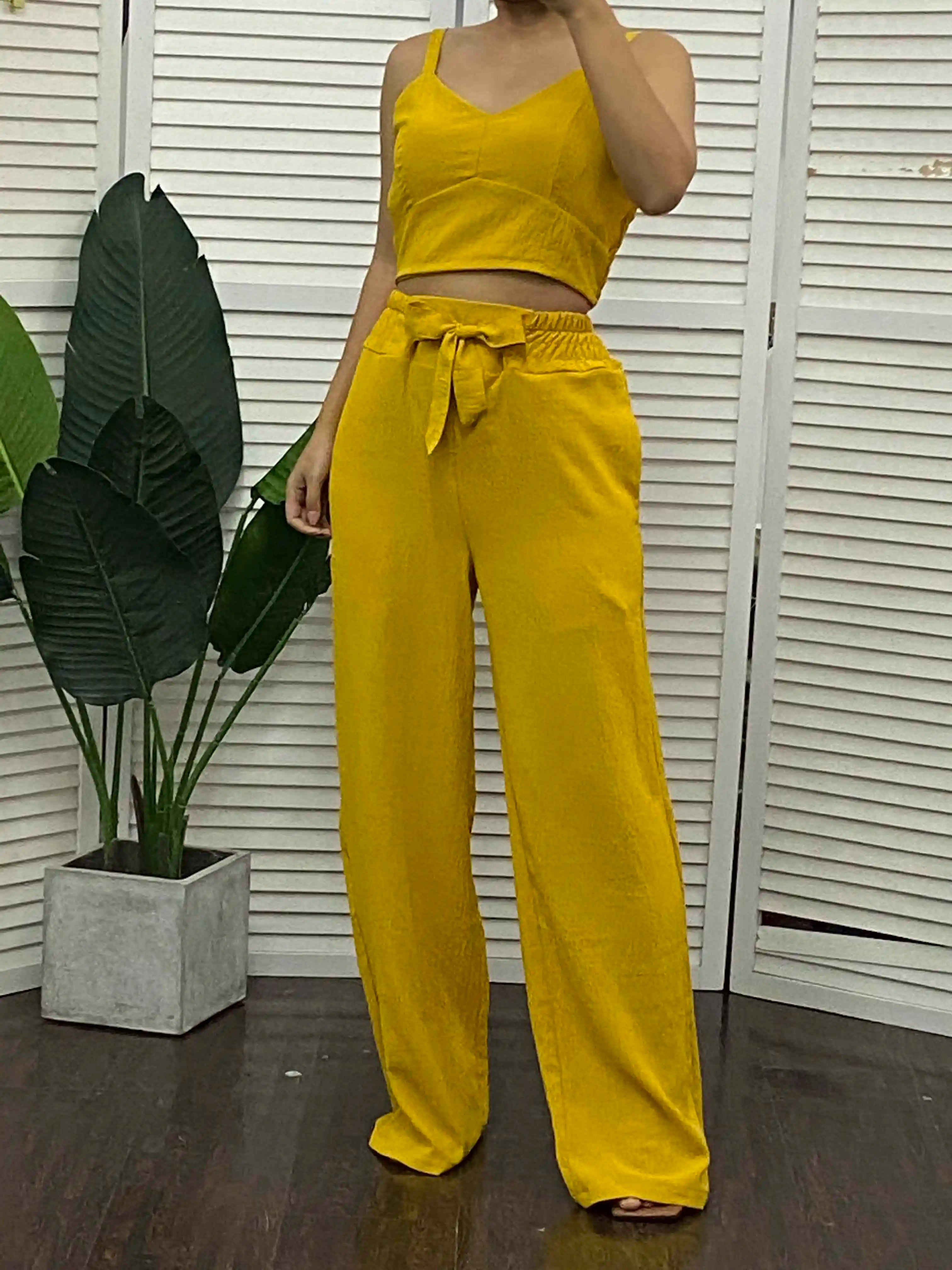 Tow Piceses Outfits for Women 2023 V-Neck Sleeveless Shirred Crop Top & Pocket Design Elegant Work Lady Wide Leg Pants Set