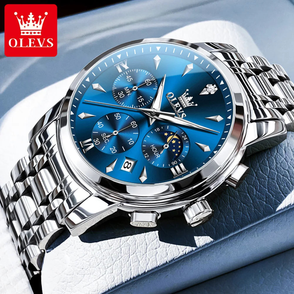 OLEVS 3639 Moon Phase Quartz Watch For Men Fashion Chronograph Luxury Wristwatch Waterproof Luminous Date Business Man Watches