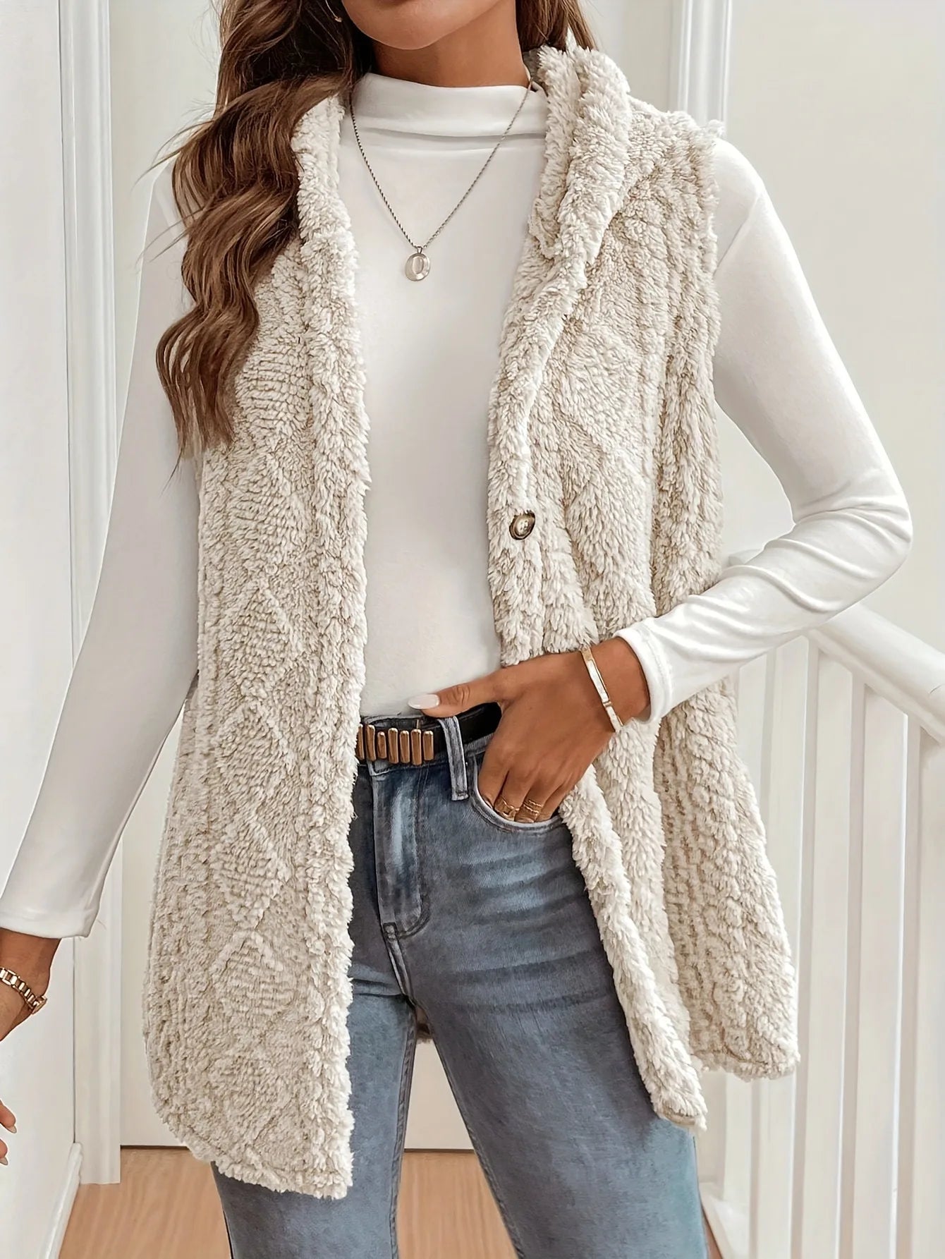 Apricot Hooded Plush Sleeveless Vest – Autumn & Winter