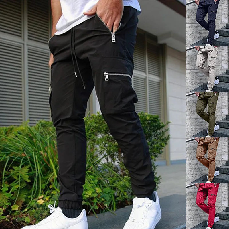 Men's casual overalls spring and autumn new drawstring fashion personality zipper pocket small foot pencil pants long pants