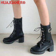 HUAJUANER 2023 Big Size 45 Autumn Winter Shoes High Quality Leather Boots Women Fashion non-slip Shoelaces Motorcycles Boots