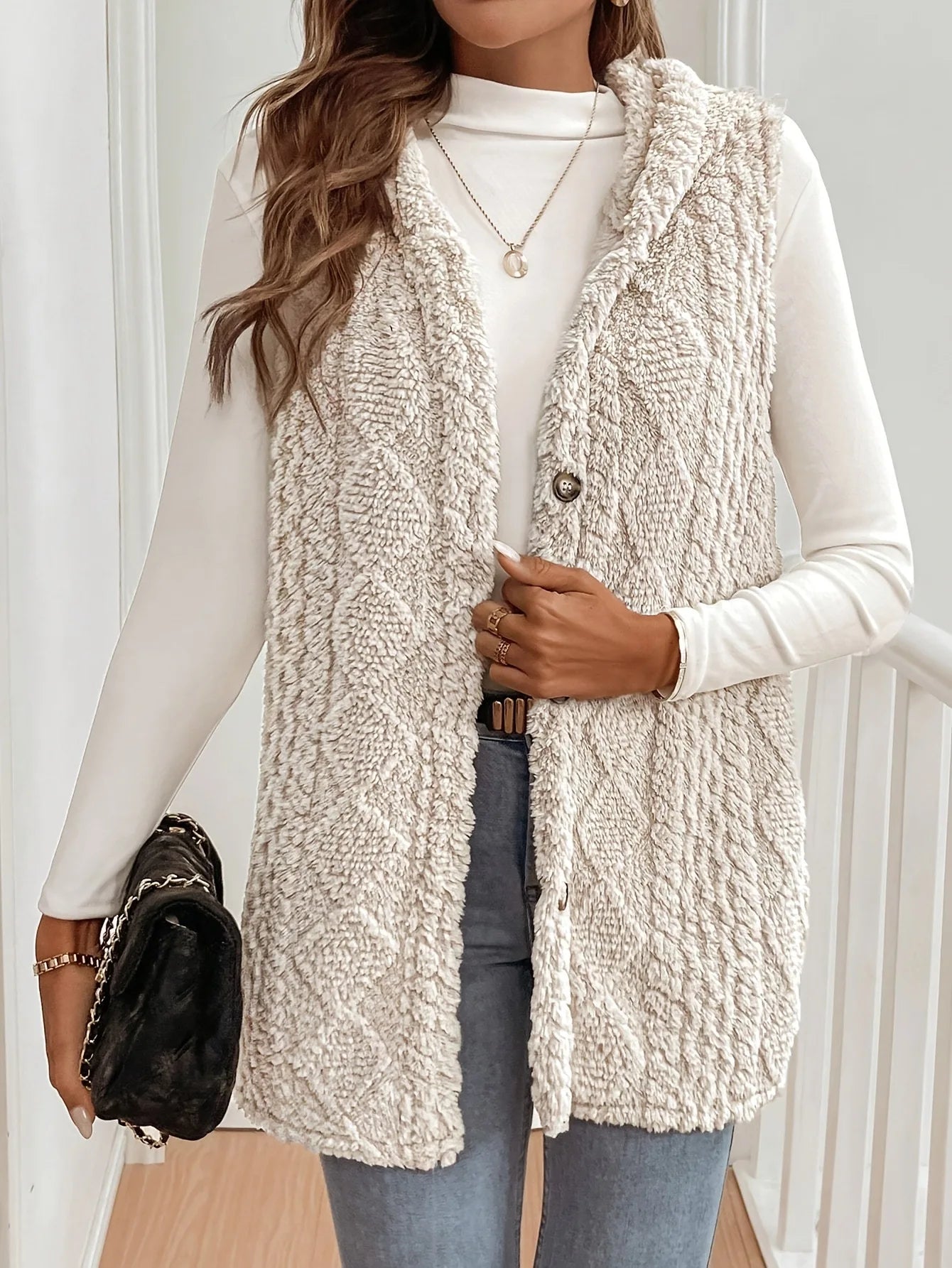 Apricot Hooded Plush Sleeveless Vest – Autumn & Winter