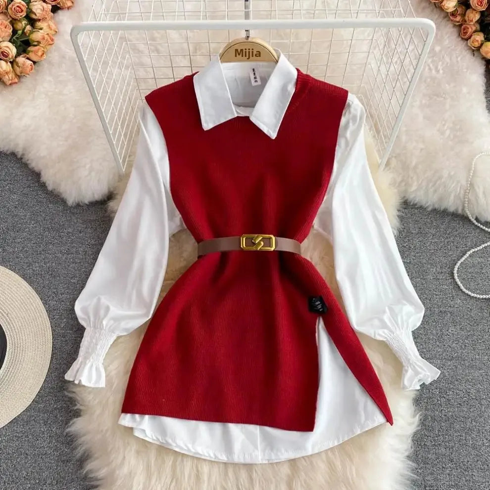 2024 Autumn Long Sleeve White Shirt Sweater Set Chic Age-Reducing Loose Fit Knit Vest Vest 2-Piece Set For Women