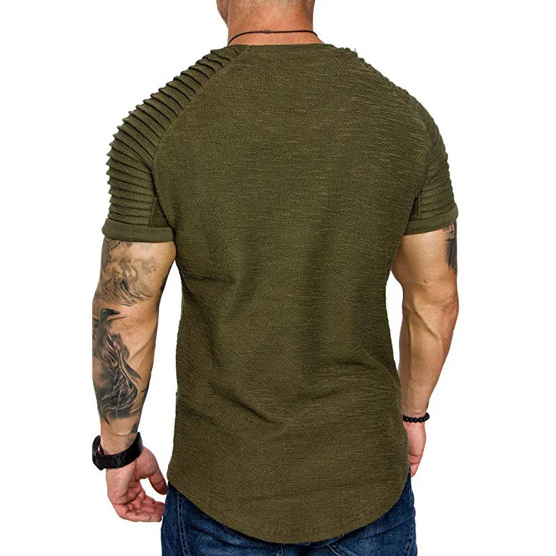 New summer crew-neck slim-fit pleated casual short-sleeved youth fashion base shirt men's sports shoulder sleeve top