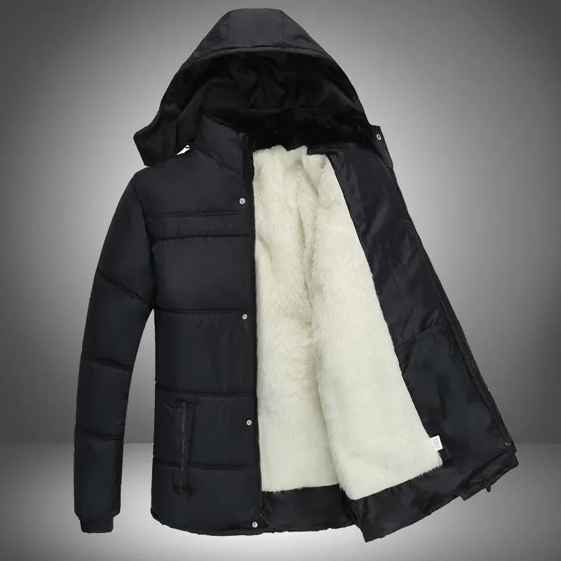 Thickened cotton padded men’s jacket, warm and medium-length.
