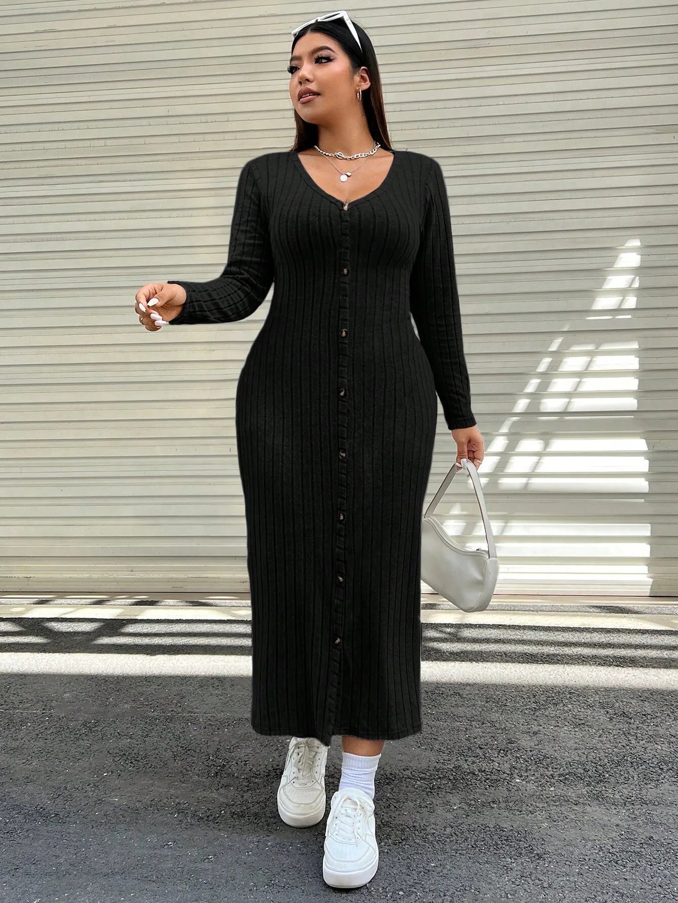 Plus Size Knitted Women Dresses Front Button Long Sleeves Autumn Fall Spring Long Robe Casual Solid Female Sweater Clothing