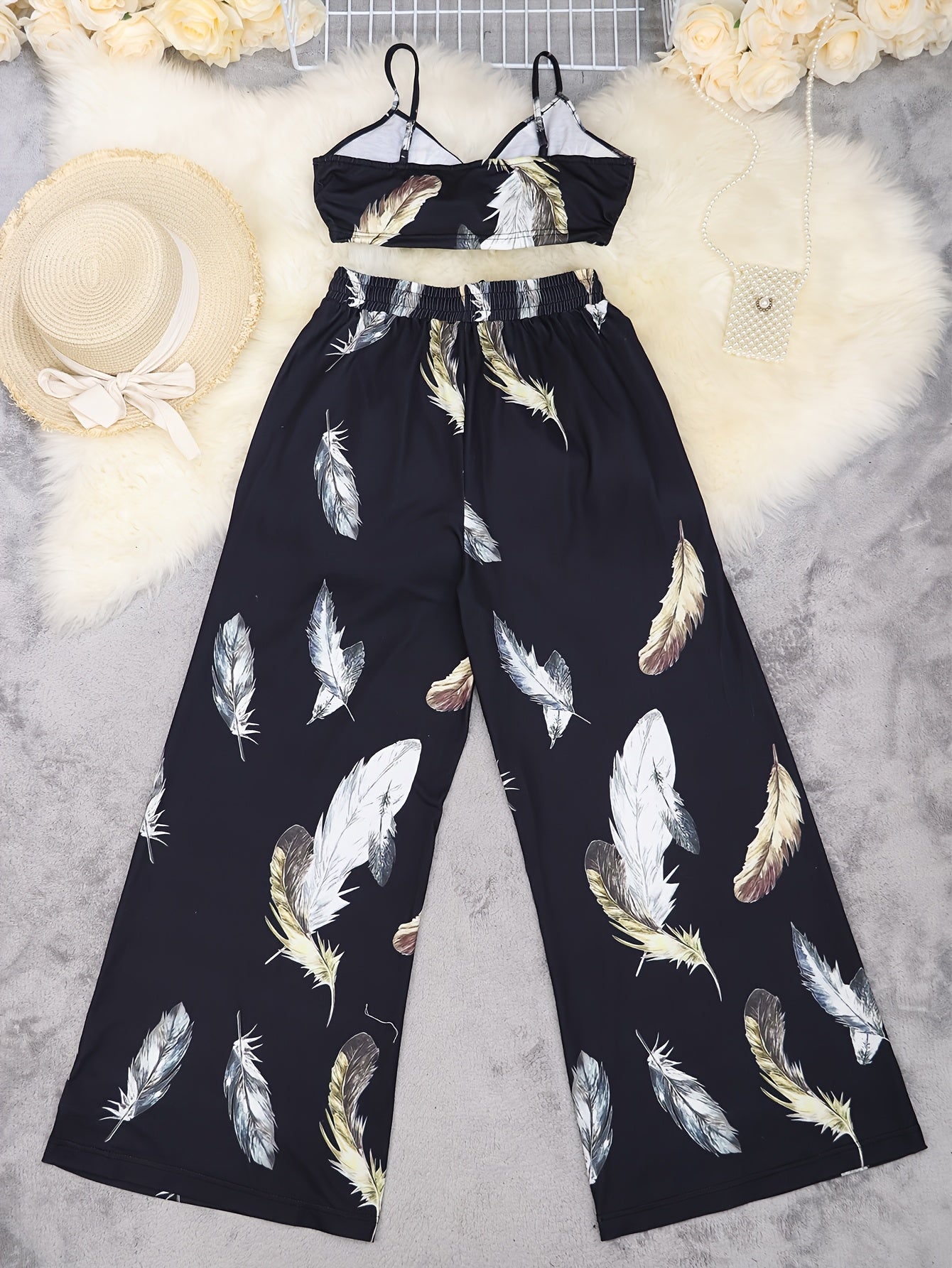 LN1433 New Summer Bohemian Print Strap Top Beach Vacation Style Women's Pants Set