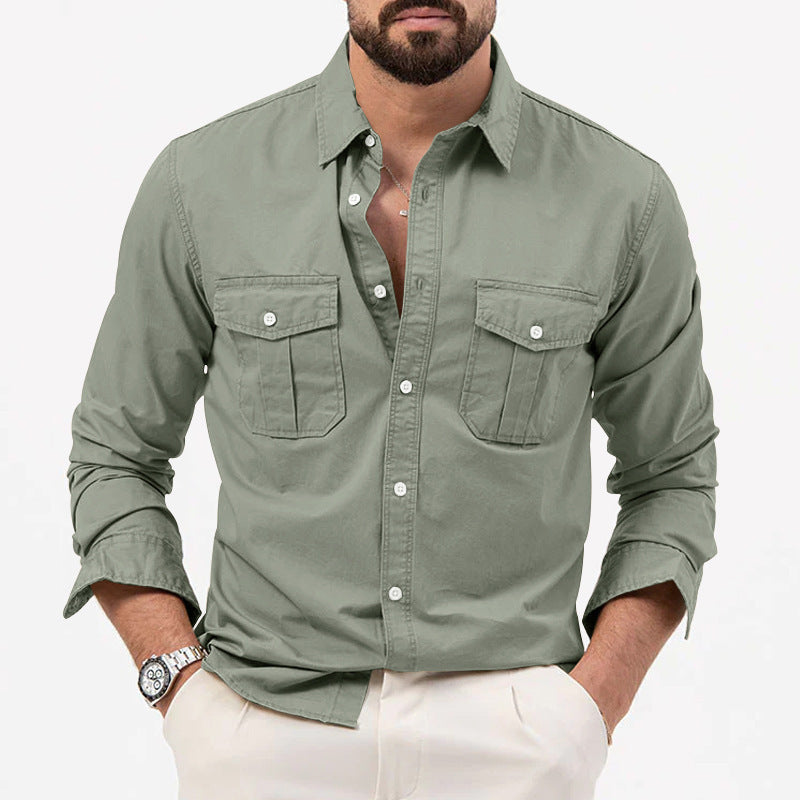 Men's Shirt Multi-pocket Solid Color Casual Long Sleeves Top