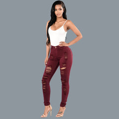 Jeans feminino slim fit multicolorido rasgado no joelho para reparo