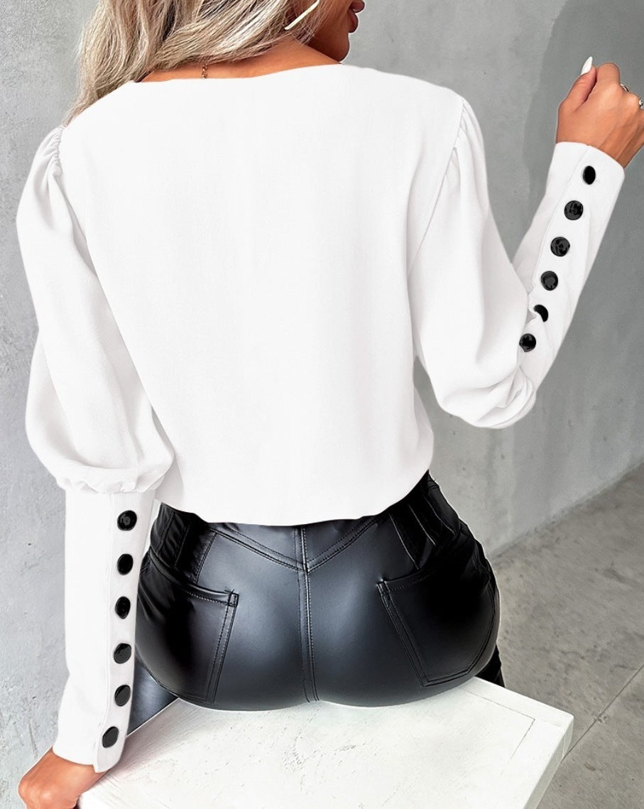 Fashion V-neck Long Sleeve Blouse With Button Design Commuter Leisure Solid Shirt Top Womens Clothing