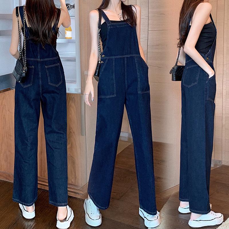 Macacão jeans escuro de cintura alta simples feminino