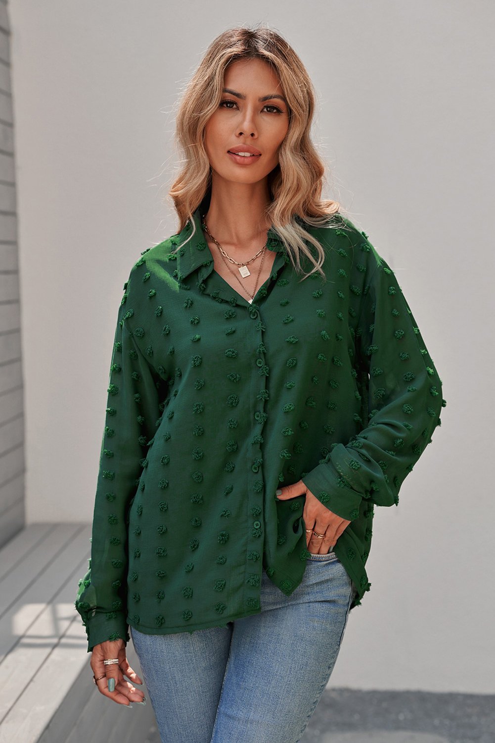 Camisa de lapela de manga comprida, cardigan de chiffon com bolinhas