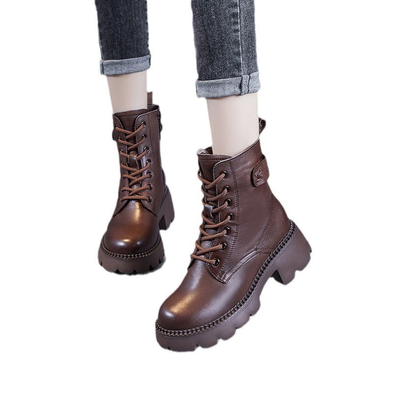 Botas Martin plataforma forradas de lã estilo britânico salto alto feminino