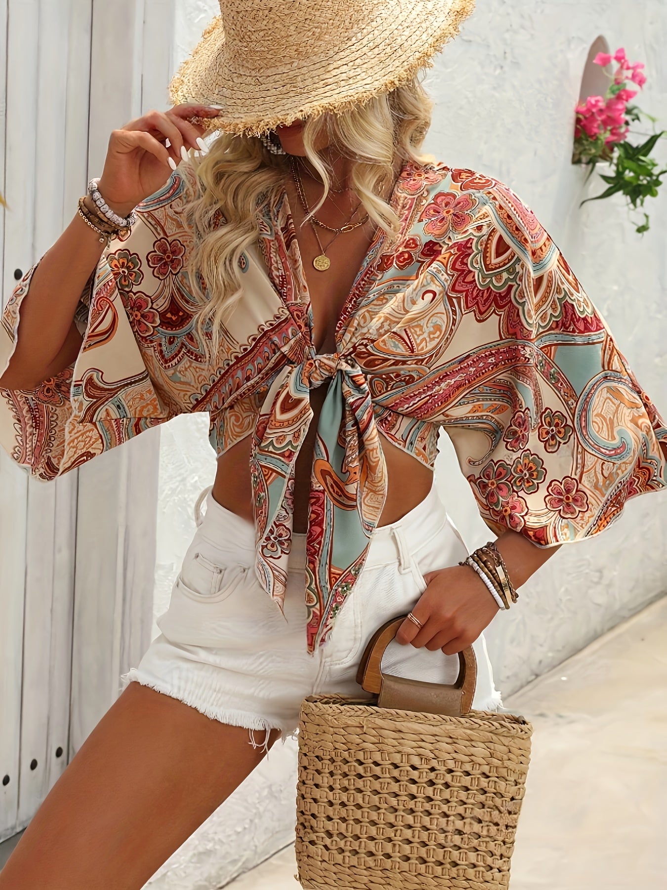 Paisley print knot-front crop blouse – boho style with bell sleeves, ideal for spring and summer