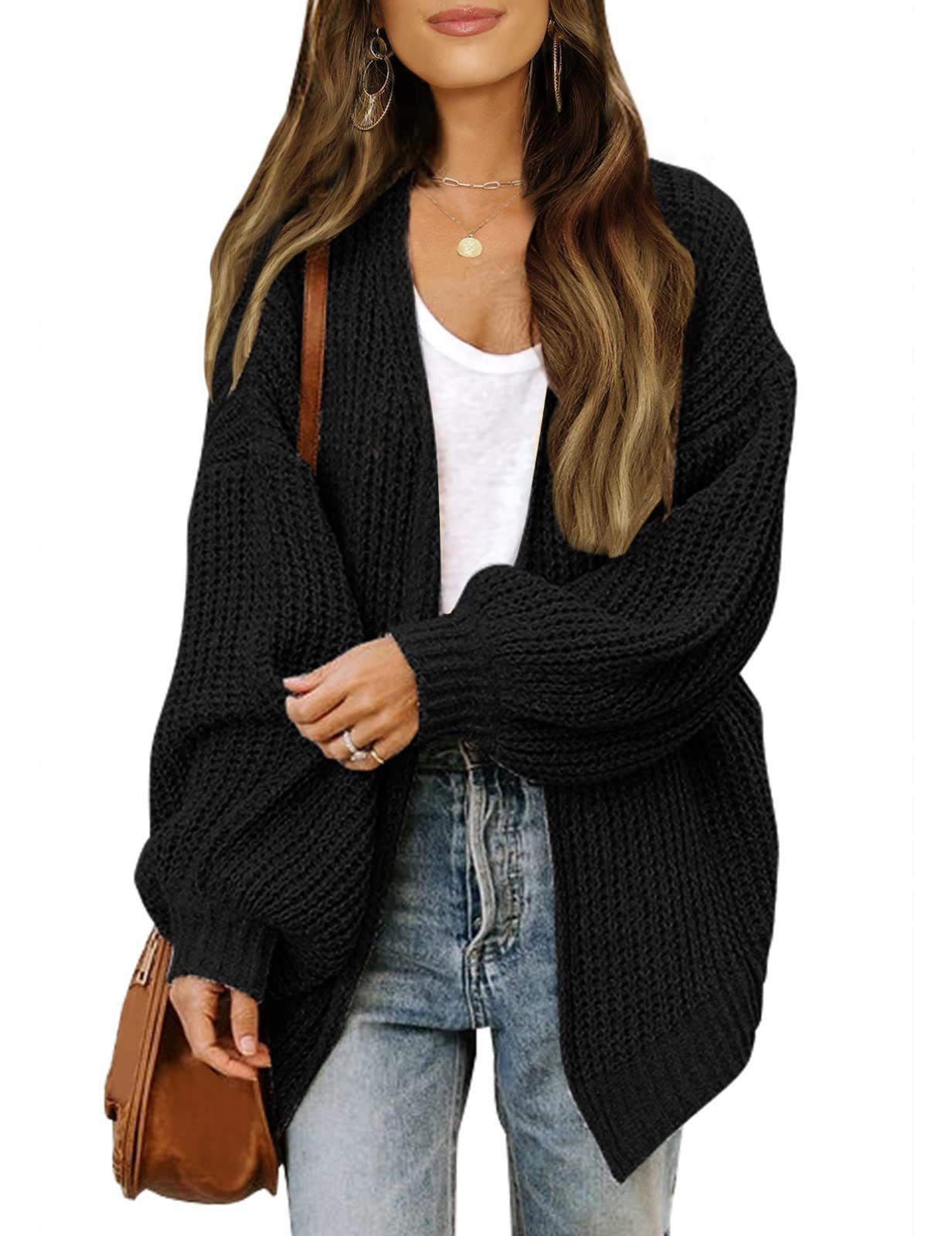 Moda Lanterna-manga Suéter Com Bolsos Casual Solto Sólido Malha Cardigan Outono Tops Roupas Femininas