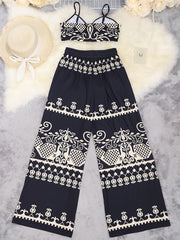 LN1433 New Summer Bohemian Print Strap Top Beach Vacation Style Women's Pants Set