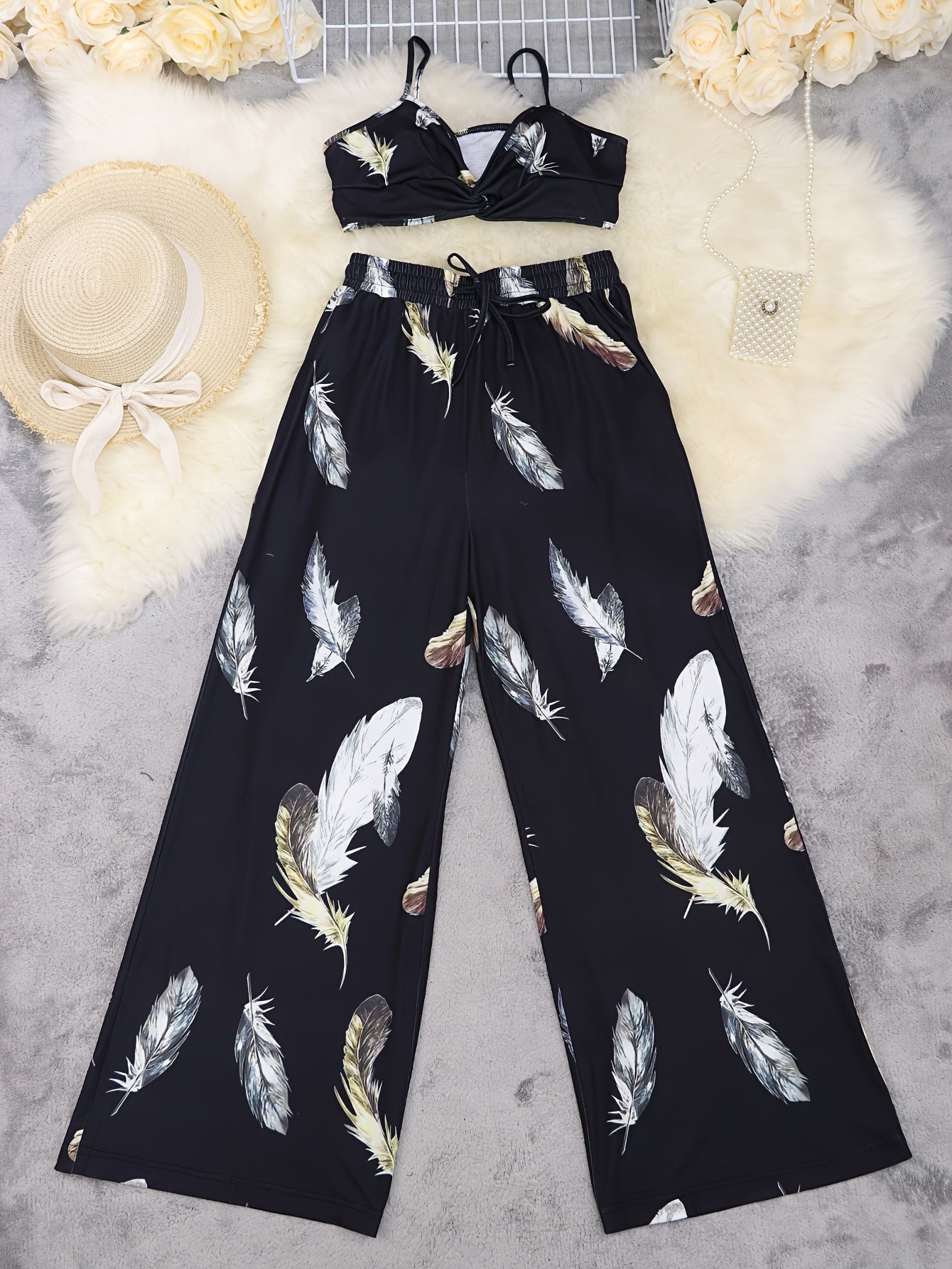 LN1433 New Summer Bohemian Print Strap Top Beach Vacation Style Women's Pants Set