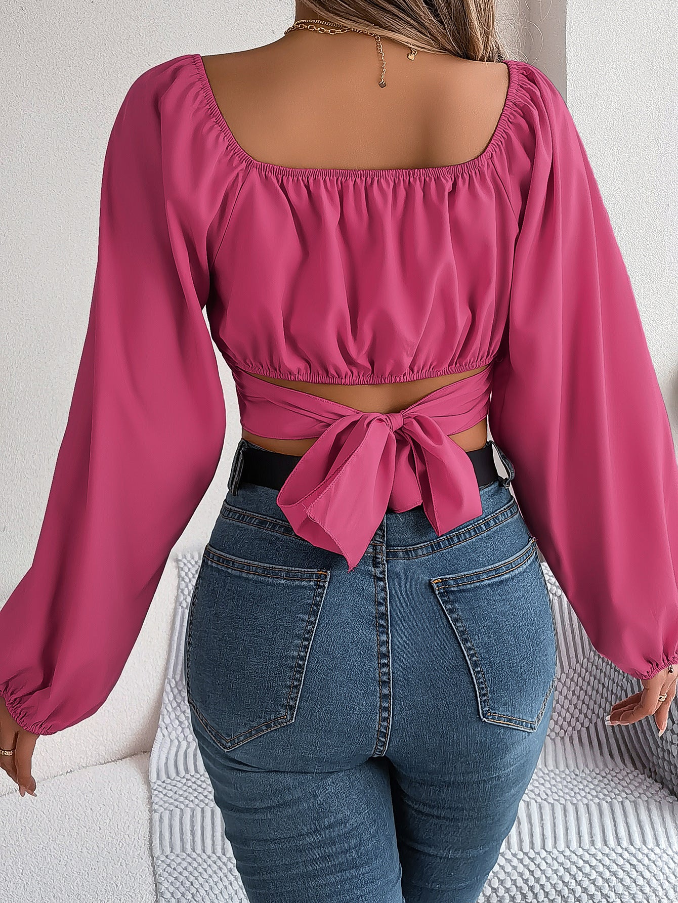 Camisa de chiffon com manga lanterna e cadarço na cintura, top com decote na cintura