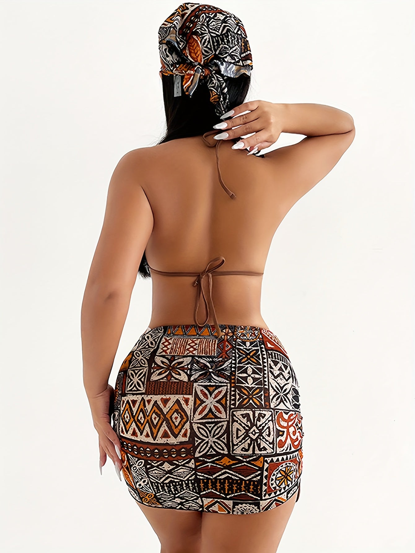 2025 women’s geometric bikini set with halter top, tie detail, and matching headscarf.