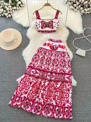 Elegant 2025 Spring-Summer Set – Blue & White Porcelain Floral Two-Piece, Perfect for Holiday Beachwear