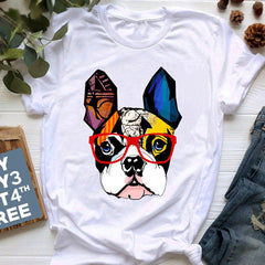 Camiseta con estampado de bulldog francés de estilo nuevo de verano para mujer, linda caricatura de bulldog