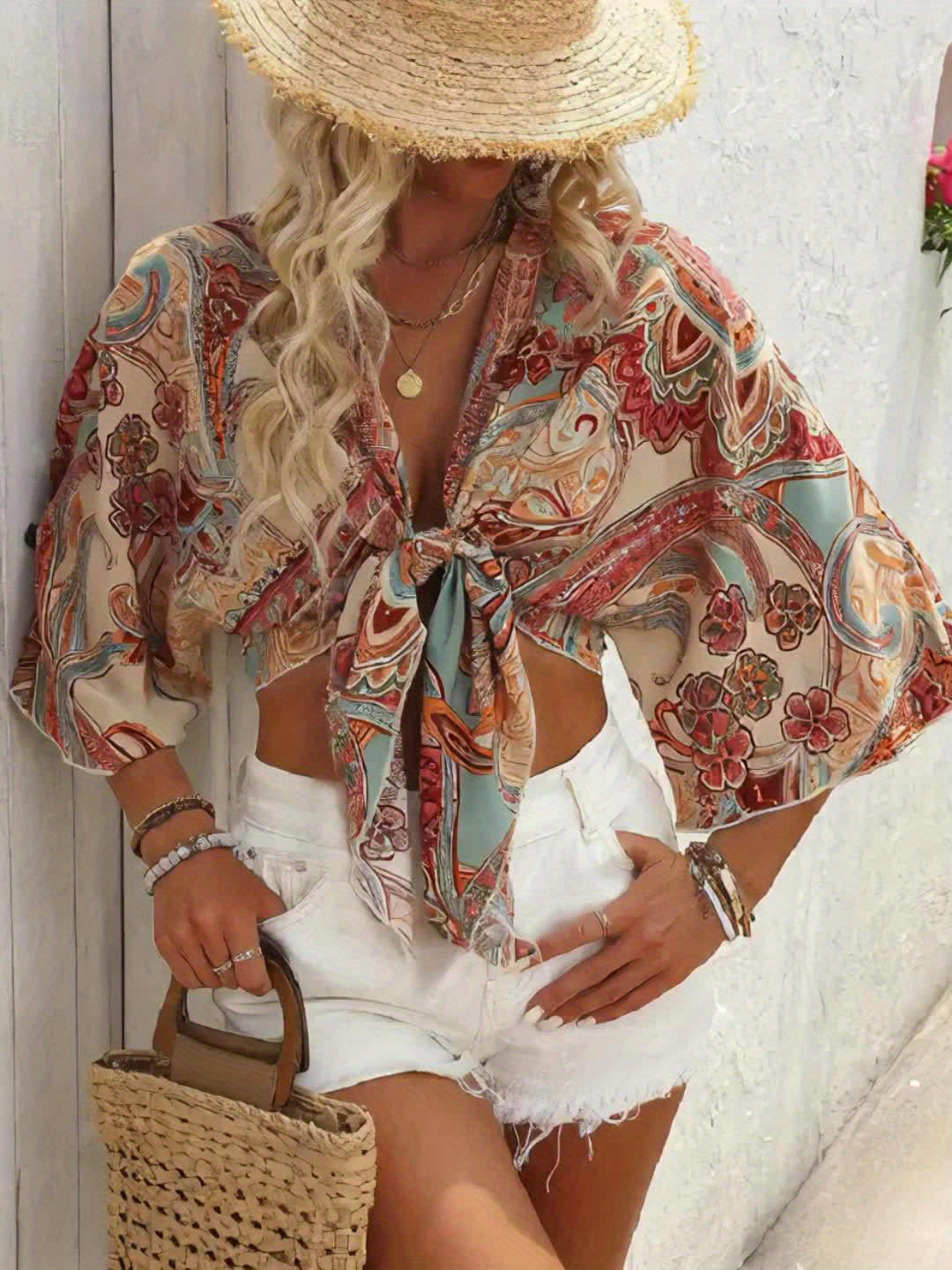 Paisley print knot-front crop blouse – boho style with bell sleeves, ideal for spring and summer