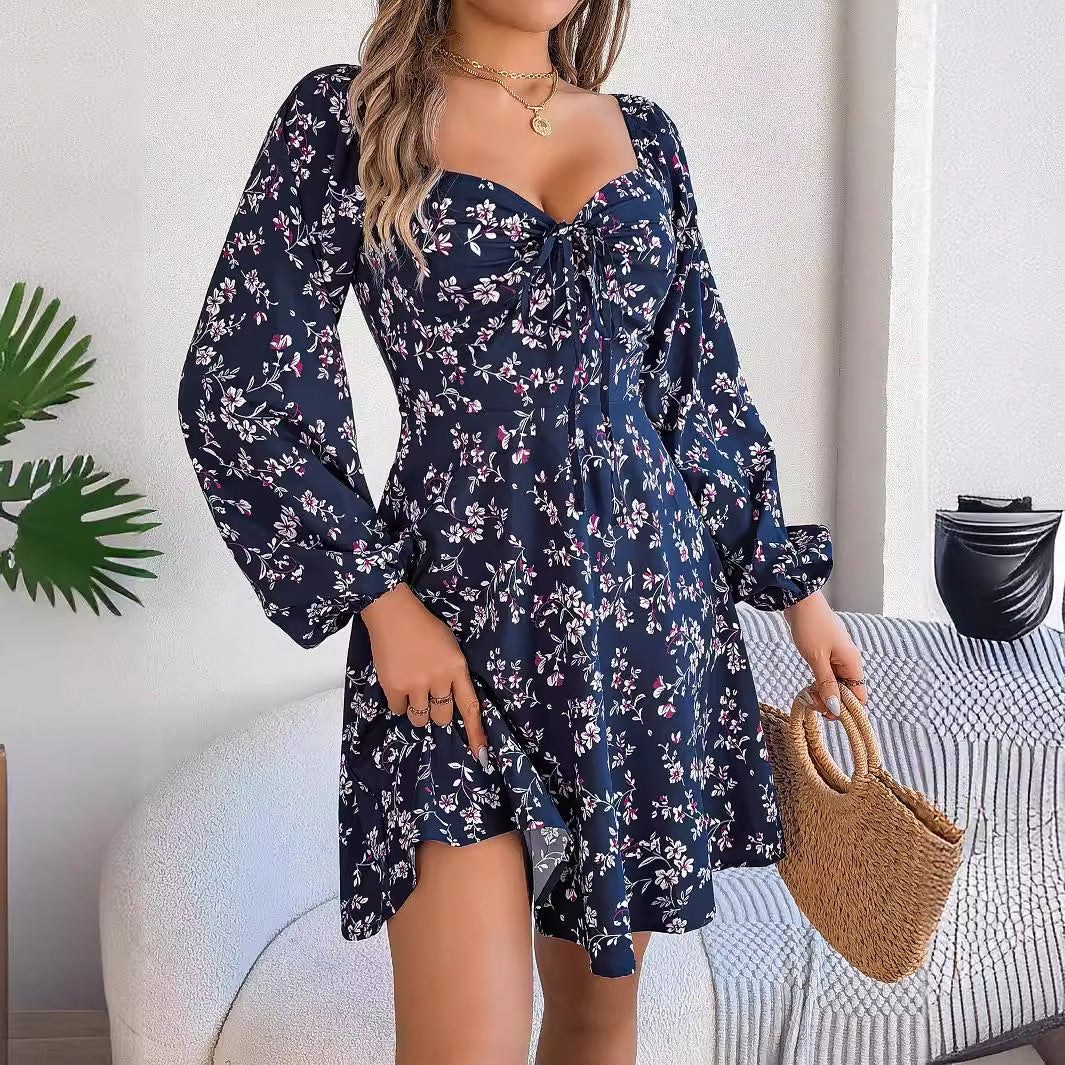 Vestido de moda con estampado floral y mangas abullonadas, informal, sexy, con lazo, escote cuadrado, manga larga, estilo A, ropa de mujer