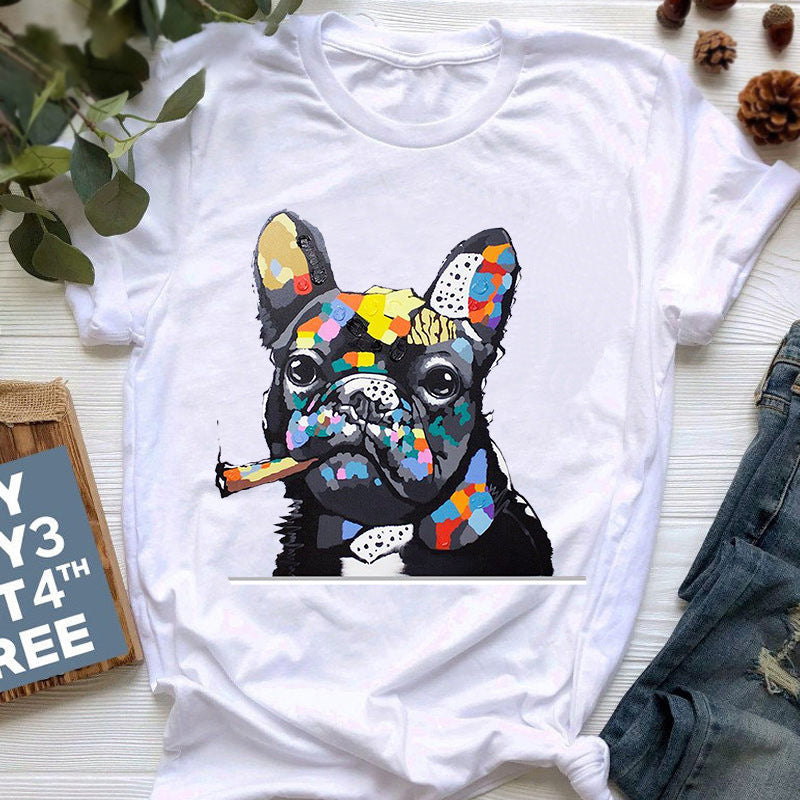 Camiseta con estampado de bulldog francés de estilo nuevo de verano para mujer, linda caricatura de bulldog