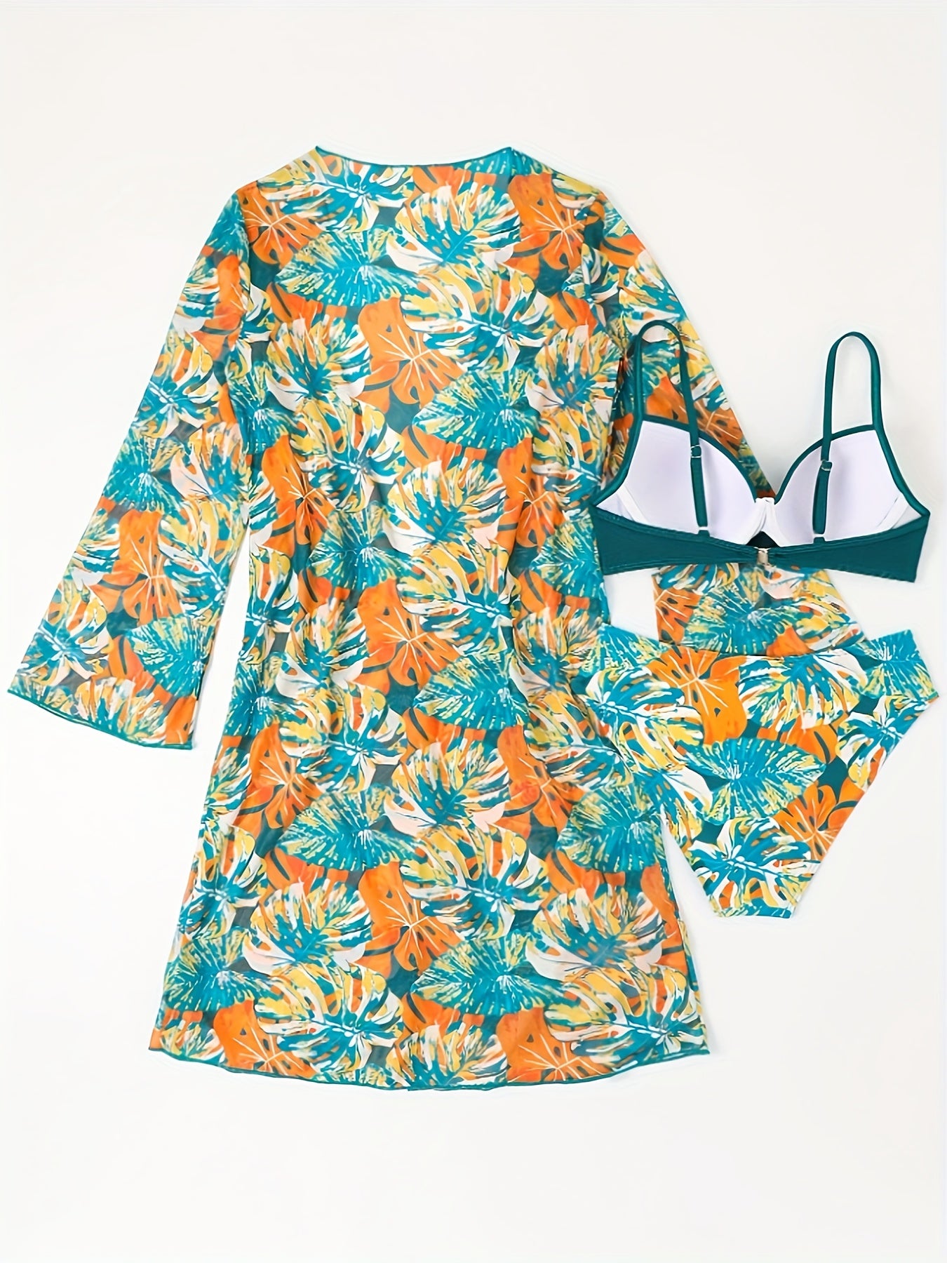 3-Piece Tropical Print Swimsuit Set – high-stretch ribbed fabric, cross spaghetti strap detail. Perfect for summer and beachwear.