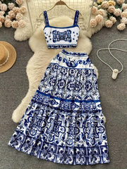 Elegant 2025 Spring-Summer Set – Blue & White Porcelain Floral Two-Piece, Perfect for Holiday Beachwear