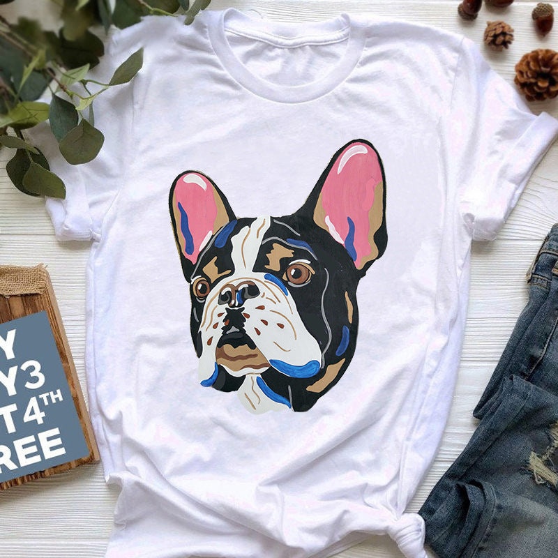 Camiseta con estampado de bulldog francés de estilo nuevo de verano para mujer, linda caricatura de bulldog