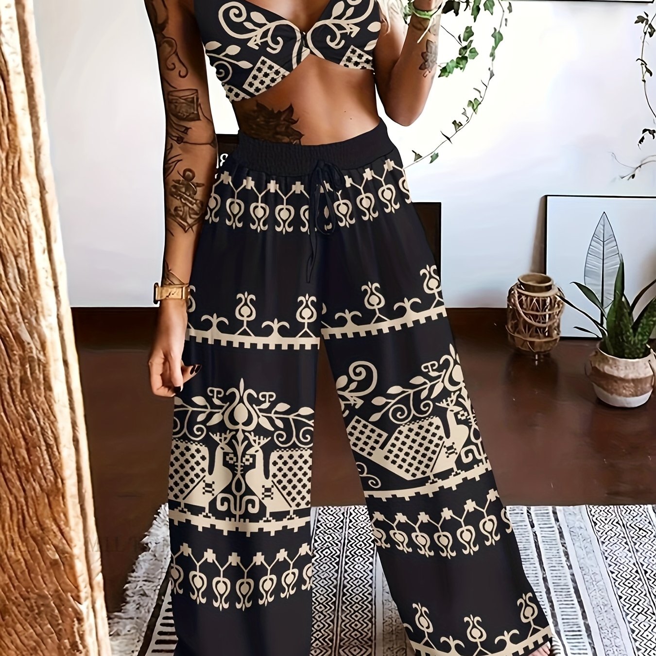 LN1433 New Summer Bohemian Print Strap Top Beach Vacation Style Women's Pants Set